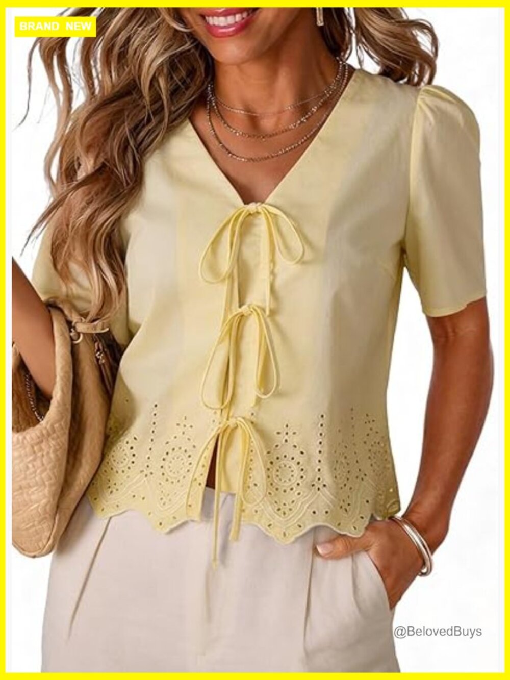 V-Neck Tie Front Crop Top Puff Short Sleeve Eyelet Blouse